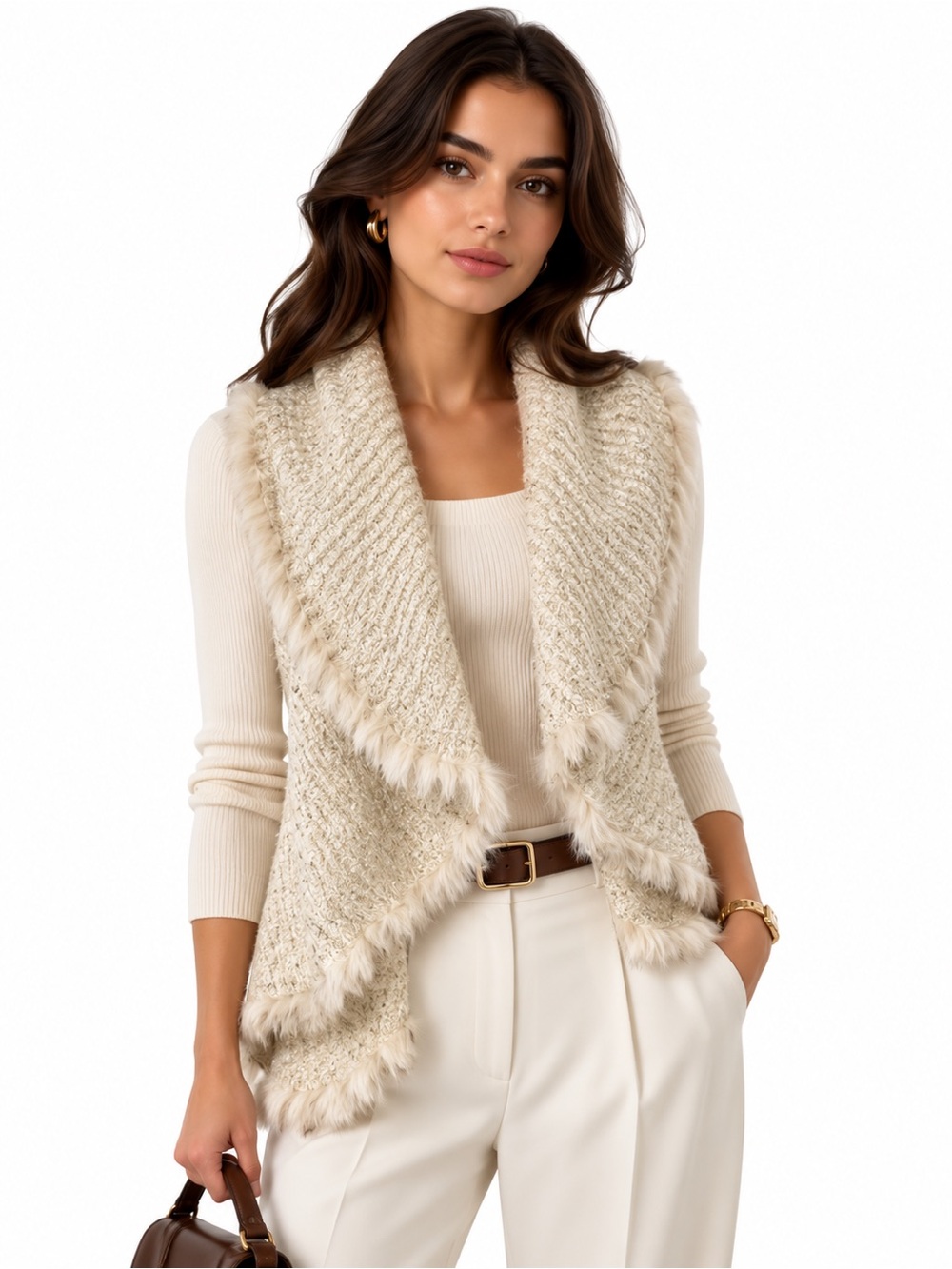 Metric Knits Rabbit Fur Trim Cream Knit Vest S/M Draped Shawl Collar Boho